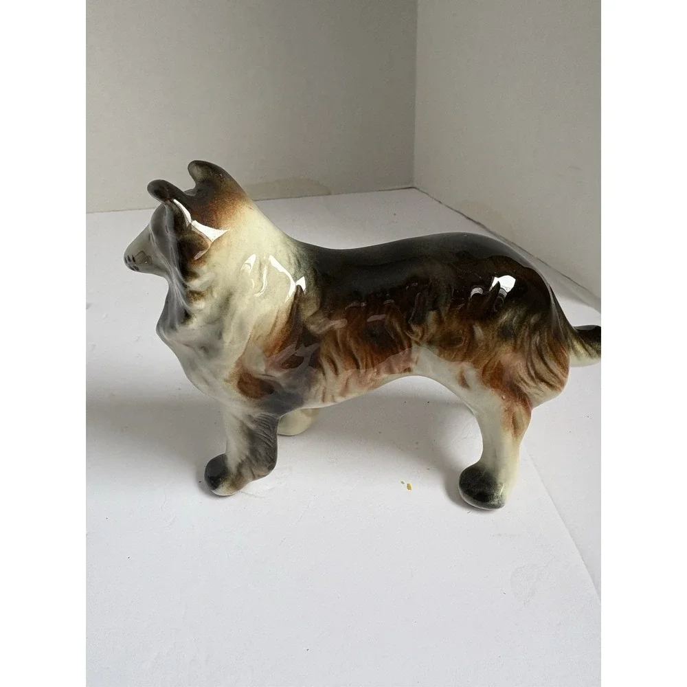 Vintage  Ceramic Porcelain  Border Collie Dog Figurine Trio Black Brown White